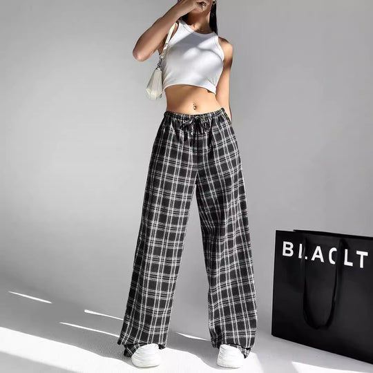 Damen weite Karo-Hose aus angenehmem Baumwollstoff mit Gummibund und seitlichen Taschen EB
