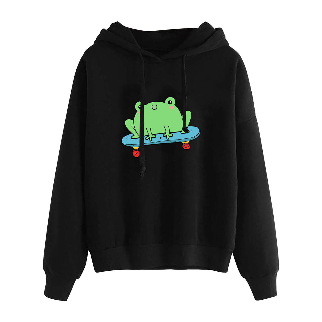 Damen nan kurz geschnittener Cropped-Kapuzenpullover mit niedlicher Frosch-Illustration und verstellbarer Kapuze EB