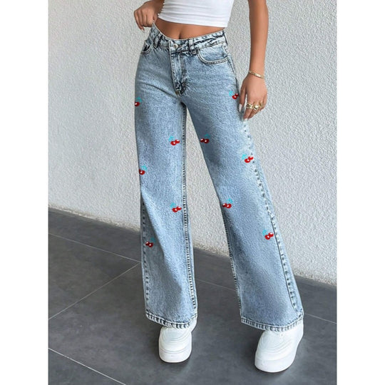 Damen Weit geschnittene Jeans im fruchtigem Stickdesign EB