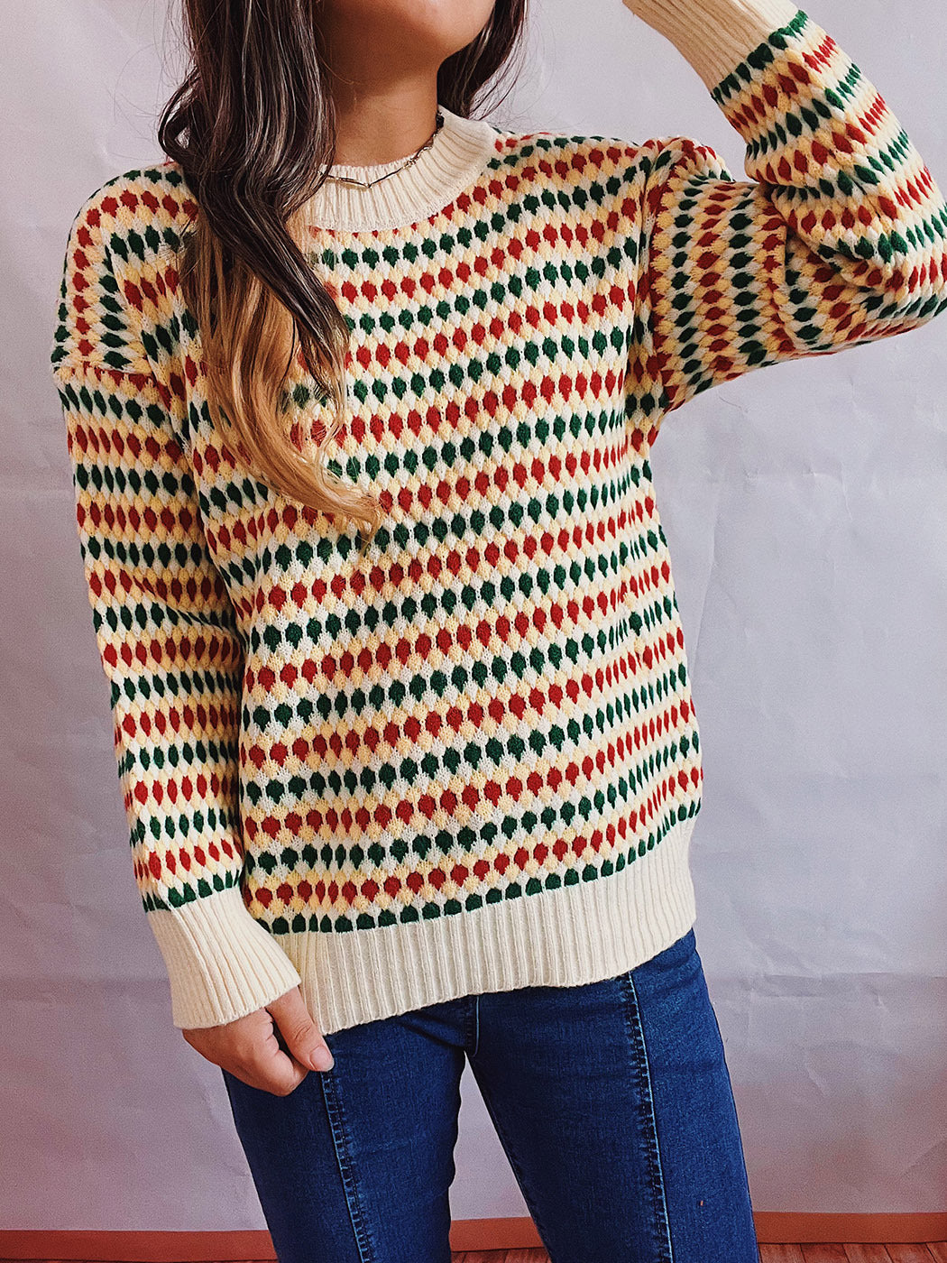Damen lässiger Strickpullover mit buntem Rautenmuster und Rundhalsausschnitt EB