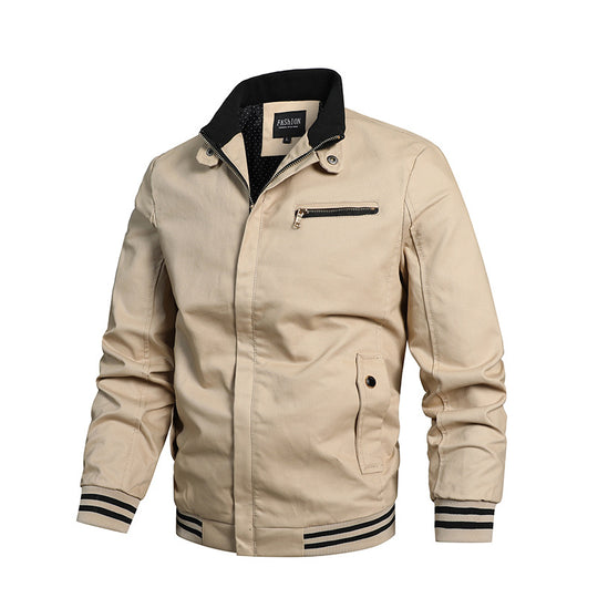Herren nan moderne Canvas-Bomberjacke im Varsity-Stil mit gestreiften Rippbündchen und verdeckter Frontleiste EB