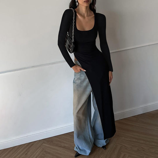 Damen asymmetrisches Langarm-Fashion-Kleid EB