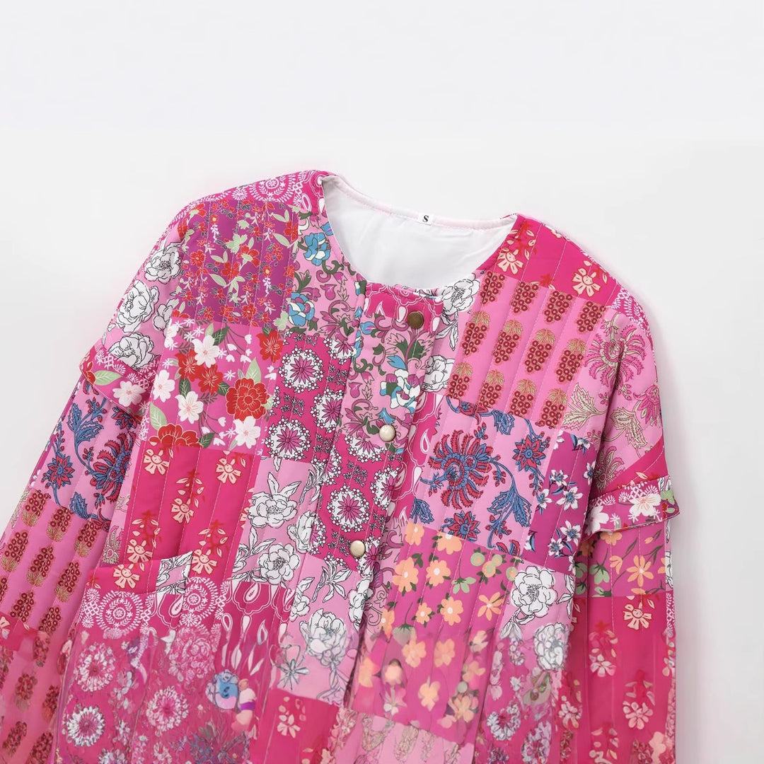Damen Patchwork-Jacke mit floralen Motiven und praktischen Taschen EB