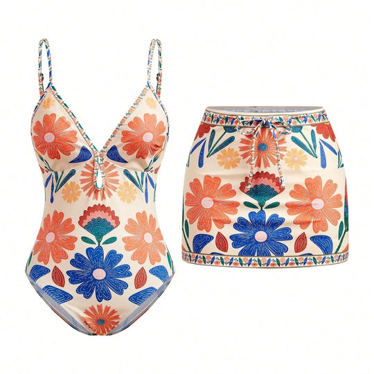 Damen Badeanzug mit floralem Design und abnehmbarem Rock EB