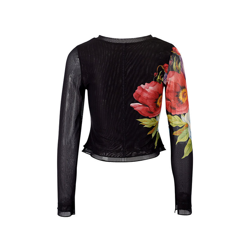 Damen Langarmshirt mit floralem Musterdruck und transparentem Stoff EB