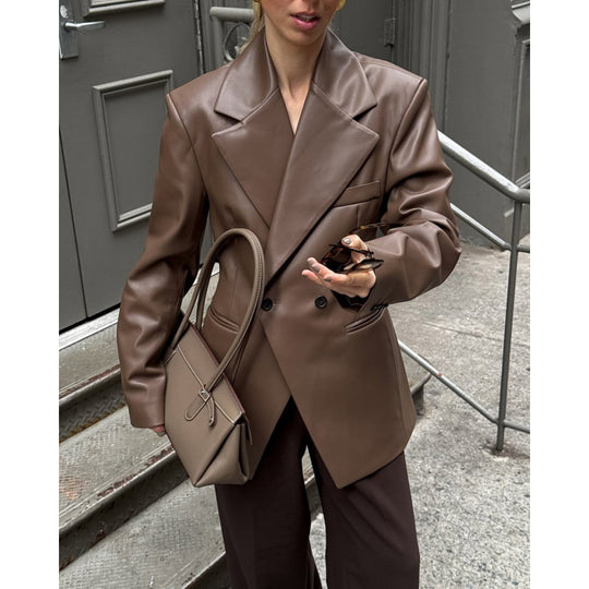 Damen Oversized Blazer aus hochwertigem Kunstleder mit doppelter Knopfverschluss EB