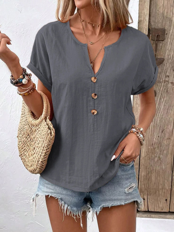 Damen Kurzarm Bluse mit Knopfleiste und lässigem Schnitt EB
