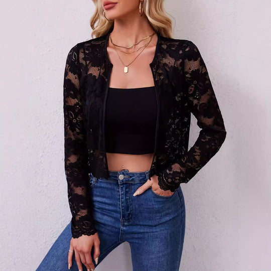 Damen nan kurz geschnittene transparente Spitzenbolerojacke mit floraler Spitze und Hakenverschluss EB