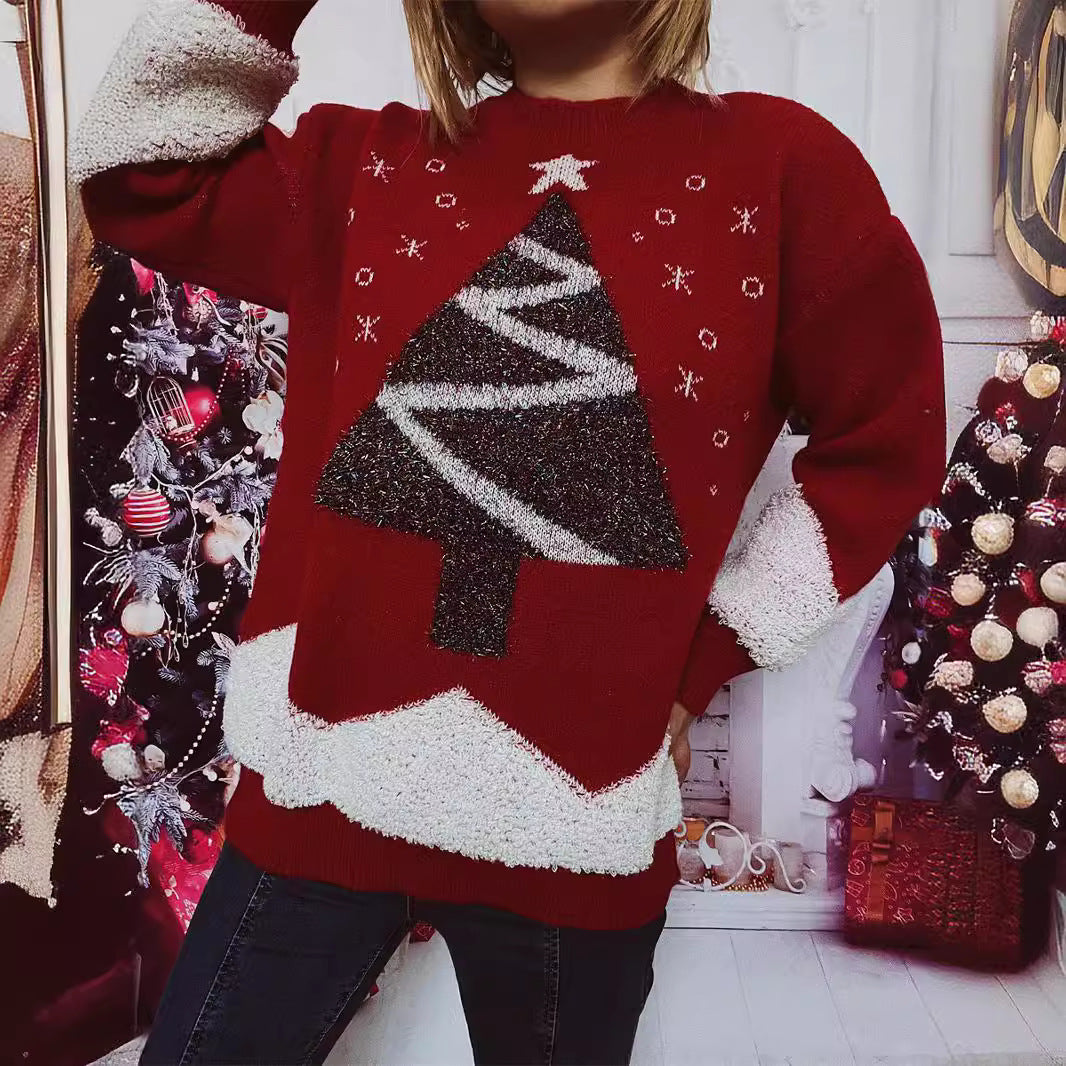 Damen Weihnachts-Pullover mit glitzerndem Baum-Motiv und kuscheliger Struktur EB