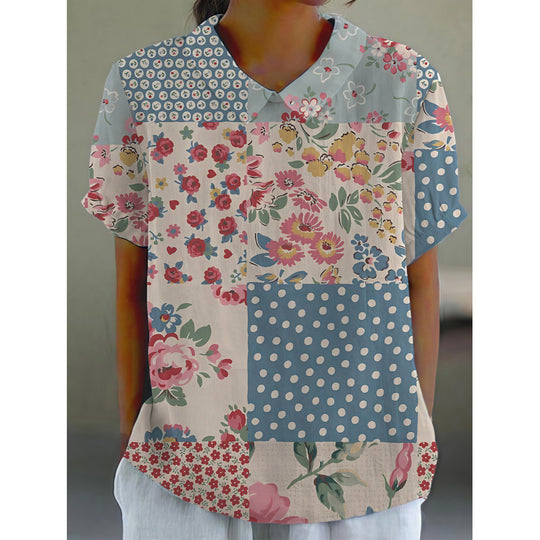 Damen Kurzarmbluse mit floralen Akzenten und klassischem Kragen EB