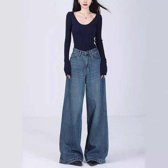 Damen Weite High-Waist Jeans mit tiefem Schritt und elegantem Schnitt EB