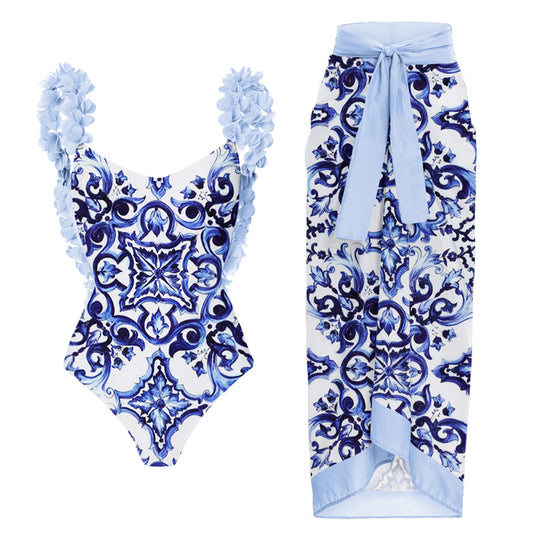 Damen eleganter Badeanzug mit Rüschendetails und passendem Maxirock EB