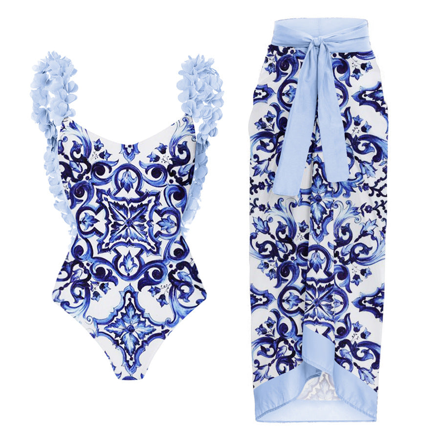Damen Eleganter Badeanzug mit Rüschendetails und passendem Wickelrock EB