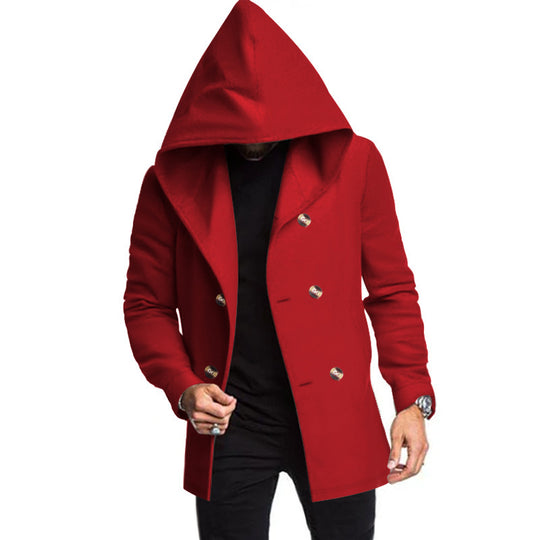Herren modischer Mantel mit Kapuze und doppelter Knopfreihe EB