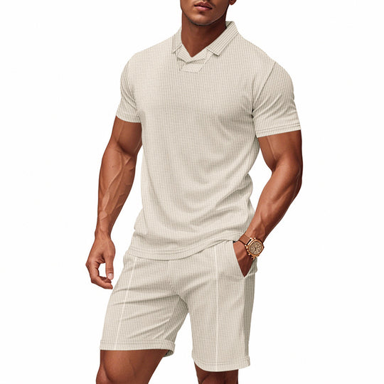 Herren nan lässiges Waffelstruktur-Freizeitset mit Reverskragen-Kurzarmshirt und elastischen Freizeitshorts EB