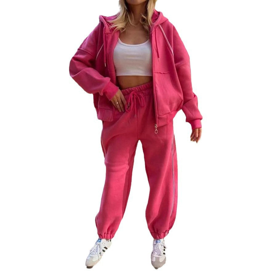 Damen nan kurzes Zip-Hoodie und Highwaist Jogginghose Set mit elastischem Komfortbund und seitlicher Paspel EB