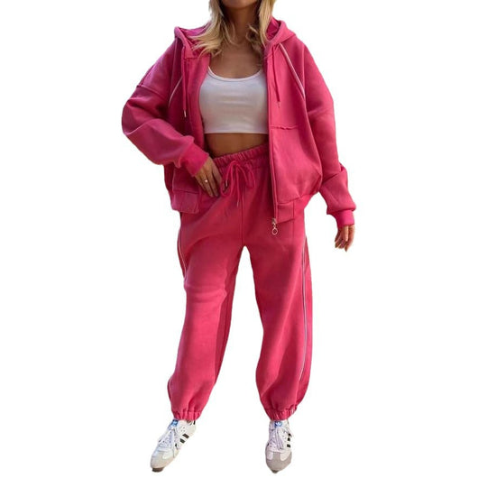 Damen nan kurzes Zip-Hoodie und Highwaist Jogginghose Set mit elastischem Komfortbund und seitlicher Paspel EB