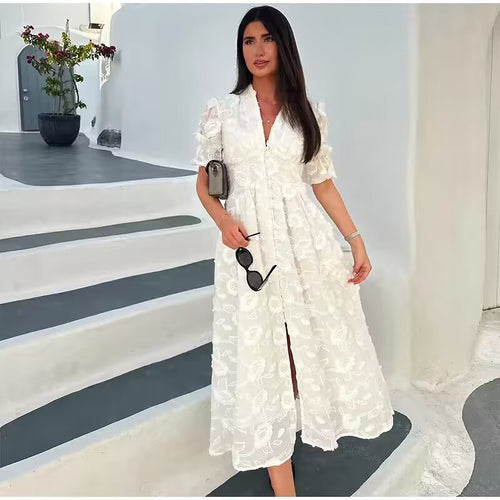 Damen Maxikleid mit floralem Bestickungsdesign und eleganten Puffärmeln EB