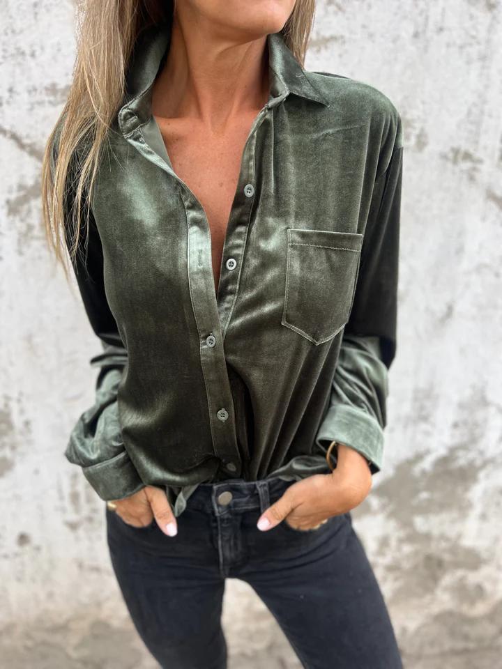 Damen Elegante Veloursbluse mit Brusttasche EB