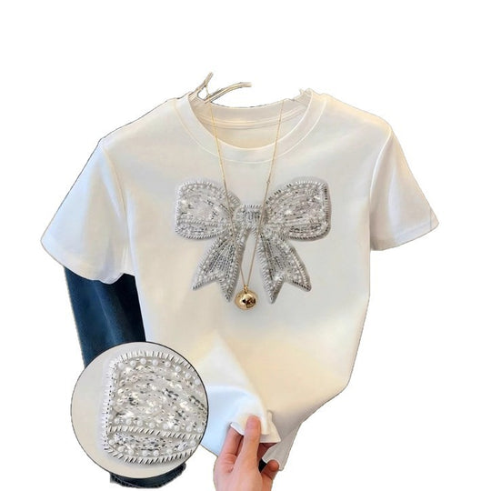 Damen T-Shirt mit glitzerndem Schleifenmotiv und feiner Sticktechnik EB
