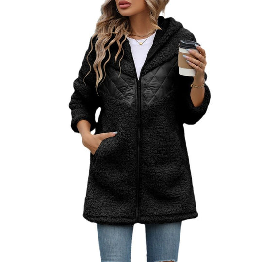 Damen Oversized Teddyjacke mit Kapuze und praktischen Taschen EB