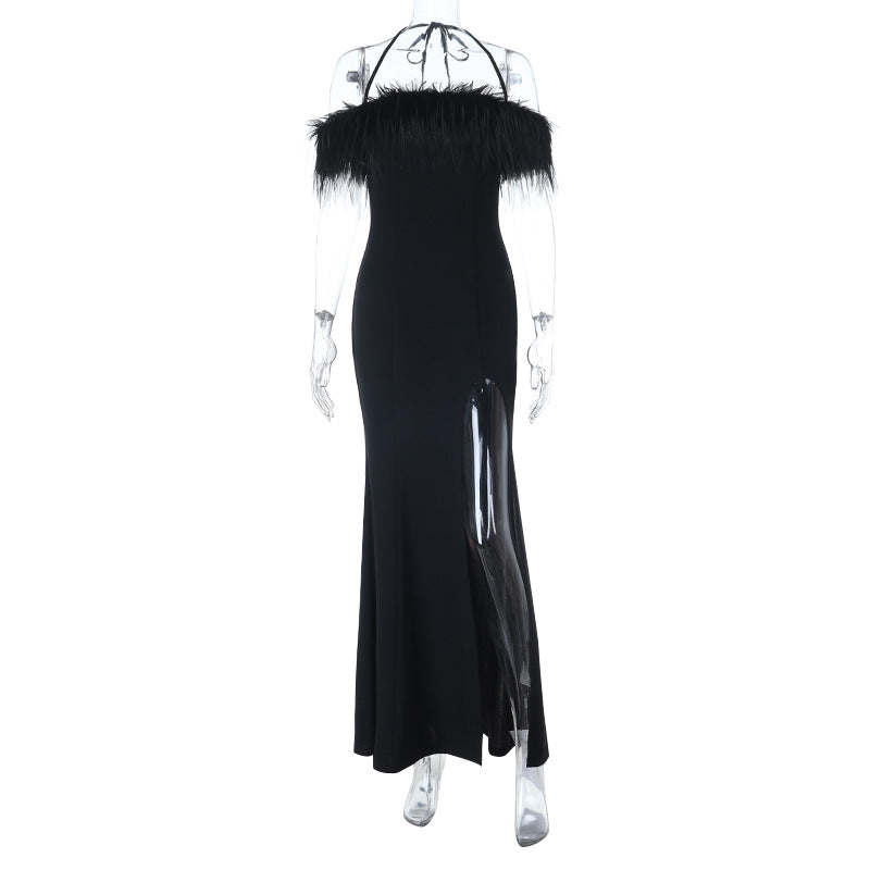 Damen schulterfreies Maxikleid mit Federn und seitlichem Schlitz EB