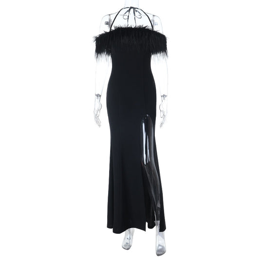 Damen schulterfreies Maxikleid mit Federn und seitlichem Schlitz EB