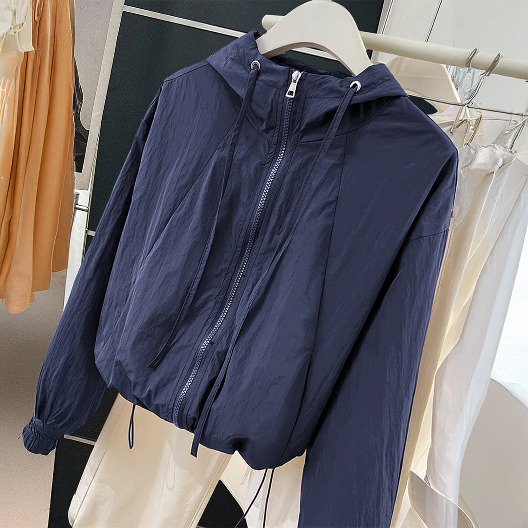 Damen nan leichtgewichtige Kapuzen-Übergangsjacke mit Tunnelzugbündchen und Ballonärmeln EB