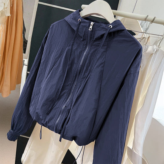 Damen nan leichtgewichtige Kapuzen-Übergangsjacke mit Tunnelzugbündchen und Ballonärmeln EB