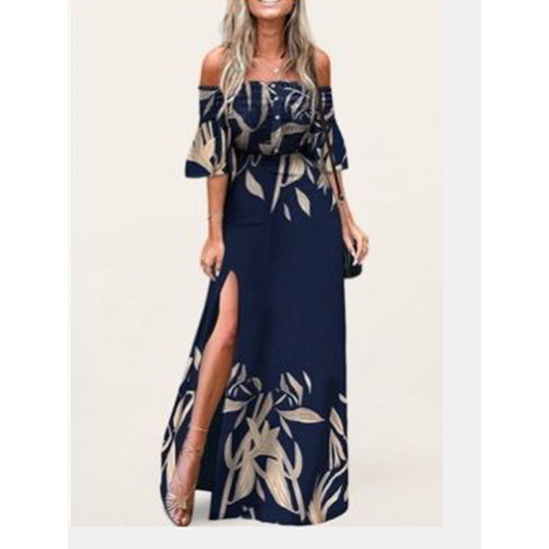Damen Maxikleid mit schulterfreiem Design und elegante Blumendruckdetails EB