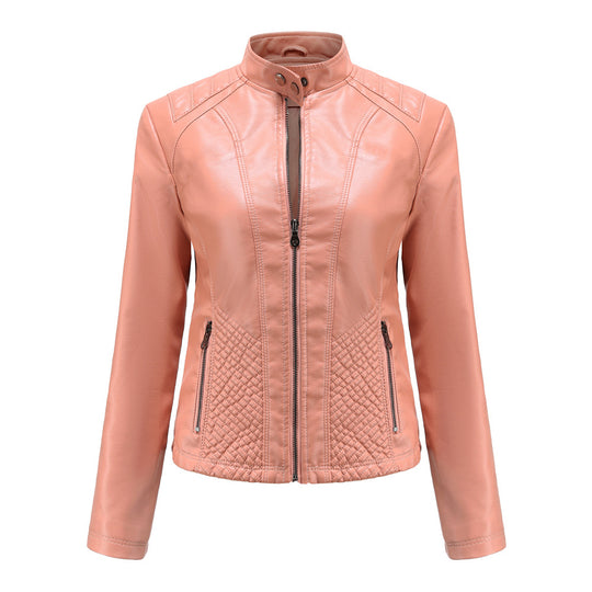 Damen nan taillierte Biker-Kunstlederjacke mit Stehkragen und gesteppter Seitenpartie EB