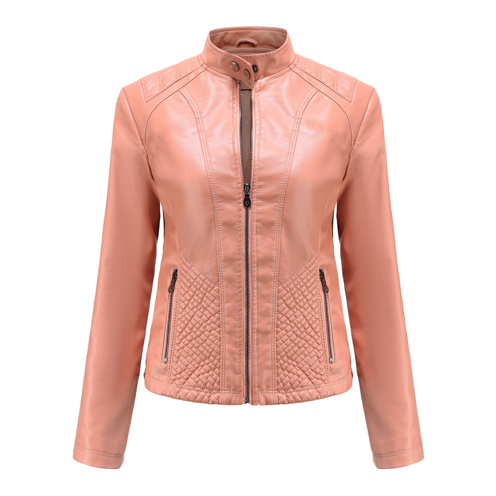 Damen nan taillierte Kunstlederjacke im Bikerstil mit Stehkragen und gesteppter Seitenpartie EB