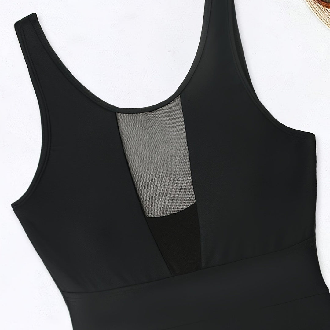 Damen Sportlicher Einteiler mit tiefem V-Ausschnitt und transparenten Mesh-Details EB