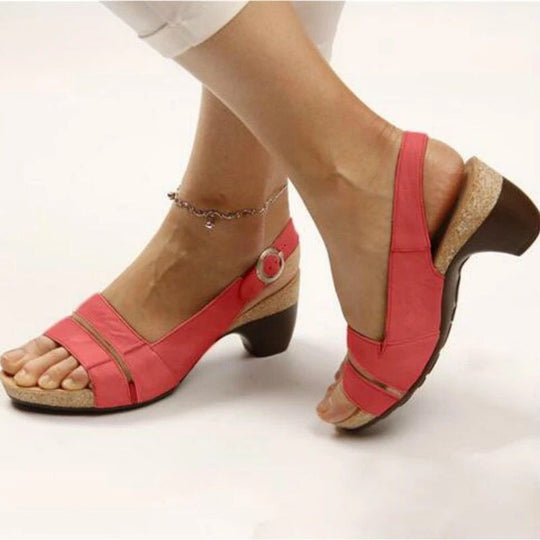 Damen nan Sandalette mit elastischem Fersenriemen ergonomischem Kork-Komfortfußbett und niedrigem geschwungenem Absatz EB