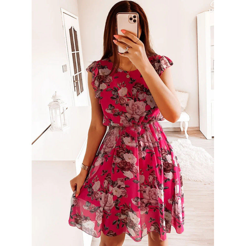 Damen Sommerliches Blumenkleid mit Rüschendetails und Taillengürtel EB