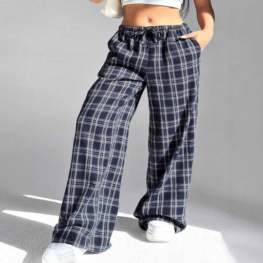 Damen Weite Karohose mit elastischem Bund und praktischen Taschen EB