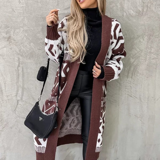 Damen Grobstrick-Cardigan mit grafischem Muster und offenem Schnitt EB