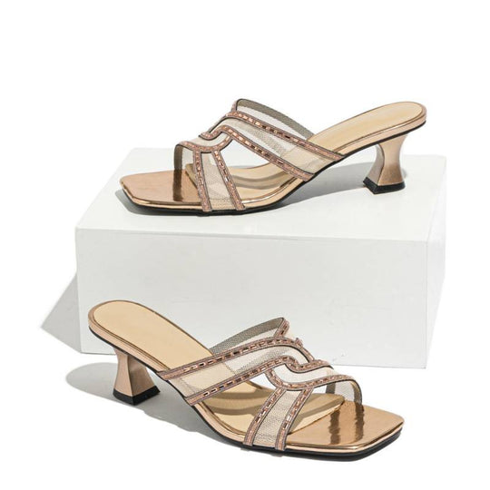 Damen elegante High Heel Mules mit glitzernden Riemen und komfortablem Absatz EB
