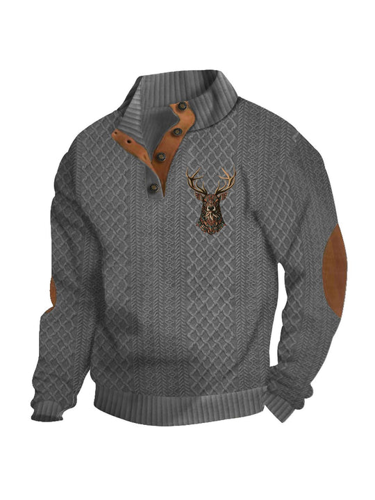 Herren nan Heritage-Strukturpullover mit Stehkragen Lederimitat-Besatz Ellenbogen-Patches und Halbknopfleiste EB