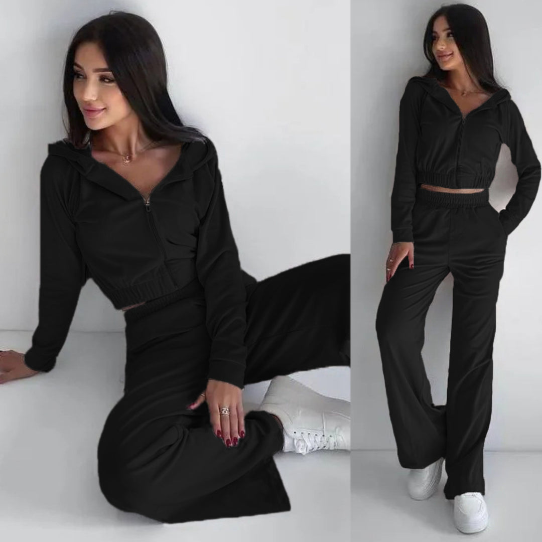 Damen kurz geschnittenes Samt-Lounge-Set mit tailliertem Zip-Hoodie und fließender Highwaist-Palazzohose EB