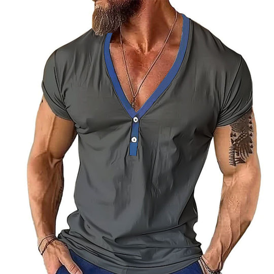 Herren Kurzarmshirt mit modernem V-Ausschnitt und Knopfleiste EB