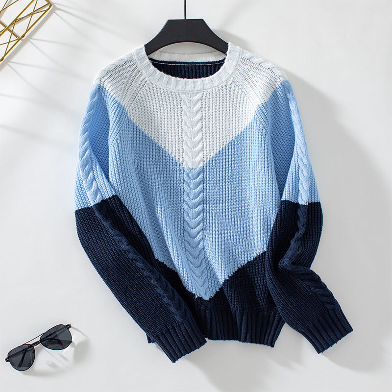 Damen modischer Strickpullover mit geometrischem Muster und Zopfrippen EB