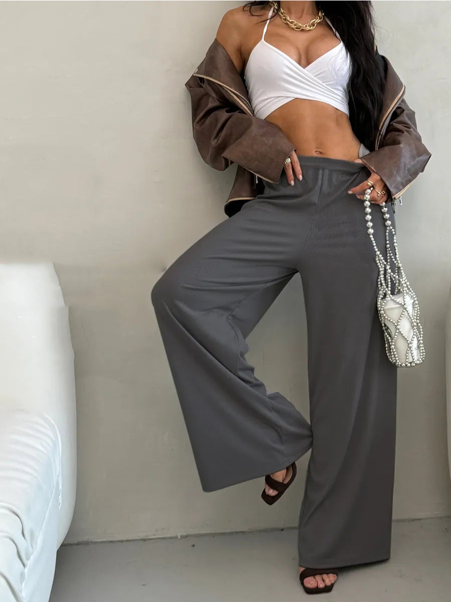 Damen weite High-Waist Palazzo-Hose aus geripptem Jersey mit elastischem Bund EB