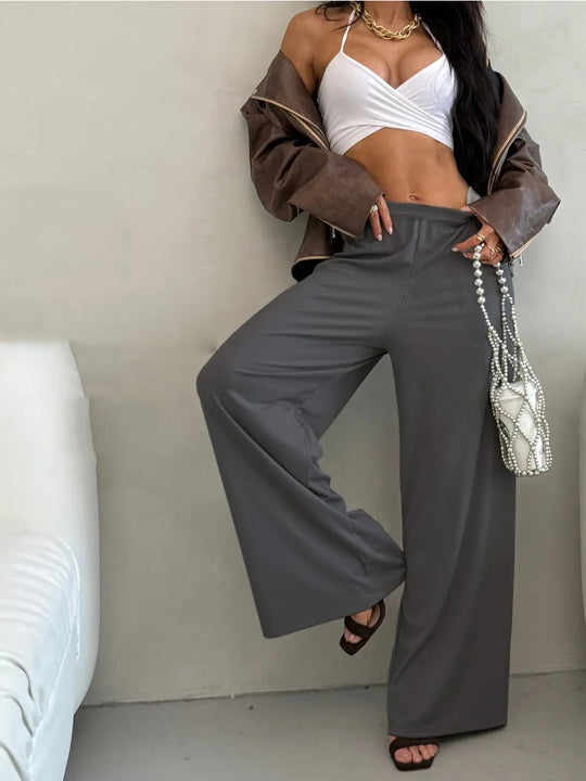 Damen weite High-Waist Palazzo-Hose aus geripptem Jersey mit elastischem Bund EB