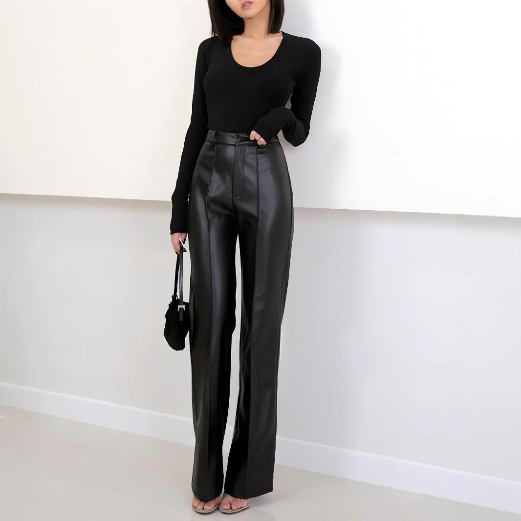 Damen Elegante High-Waist Kunstleder-Hose mit weitem Bein EB