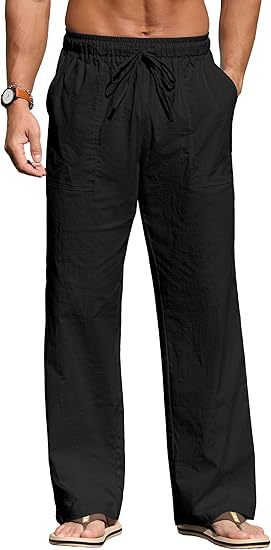 Herren nan leichte Leinenhose mit elastischem Bund, Kordelzug und aufgesetzten Taschen EB