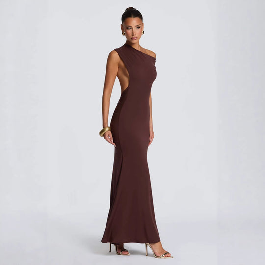 Damen Elegantes asymmetrisches Maxikleid mit schulterfreiem Design EB