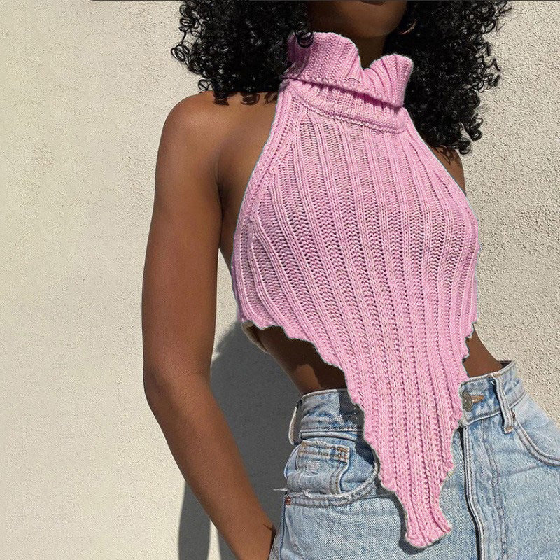 Damen cropped Stricktop mit hohem Kragen EB