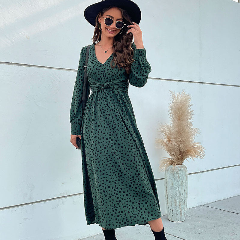 Damen Maxikleid mit modernem Wickeldesign und grafischem Punktmuster EB