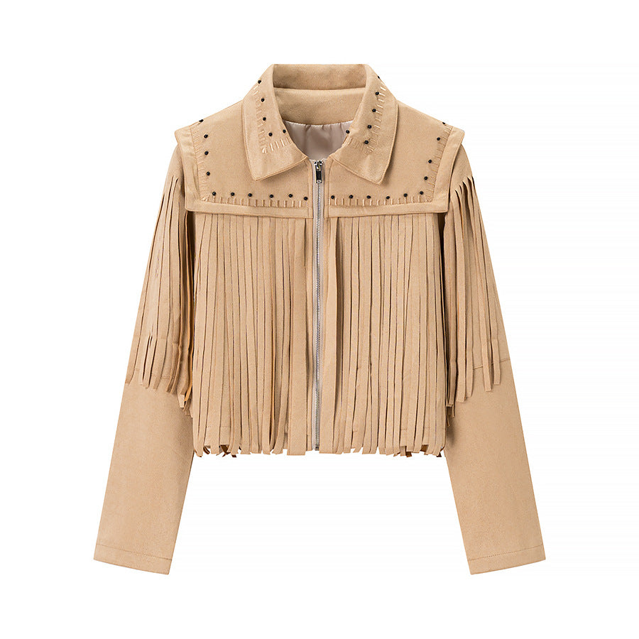 Damen Fransenjacke aus Wildlederimitat mit Zipper und stilvollen Applikationen EB